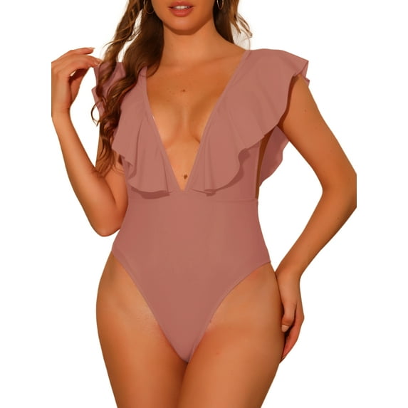 INSPIRE CHIC Women's One Piece V Neck Ruffled Swimwear Monokini Tummy Control Bathing Suit Rosy Brown XL