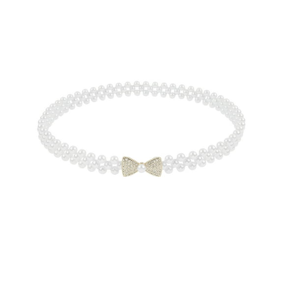 INSPIRE CHIC Women's Pearl Belt Crystal Rhinestone Retro Elastic Thin Waist Belt for Wedding Dress 65x2cm/25.6x0.8" Style 1