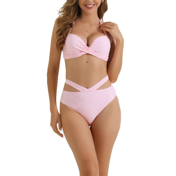 Women's Push Up Halter Bikini Sets, 2 Piece Wide Tie Criss Cross Bandage Triangle Bottoms Swimwear Bathing Suits Small Pink