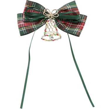 Elerevyo Women's Retro Tartan Plaid Bow Brooch Pins Bow Tie Christmas Bell Rhinestone Ribbon