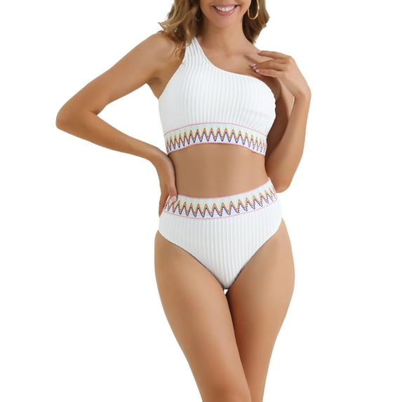 INSPIRE CHIC Women's Ribbed One Shoulder Bikini Sets, 2 Piece High Waist Color Braided Trim Swimwear Bathing Suits X-Large White
