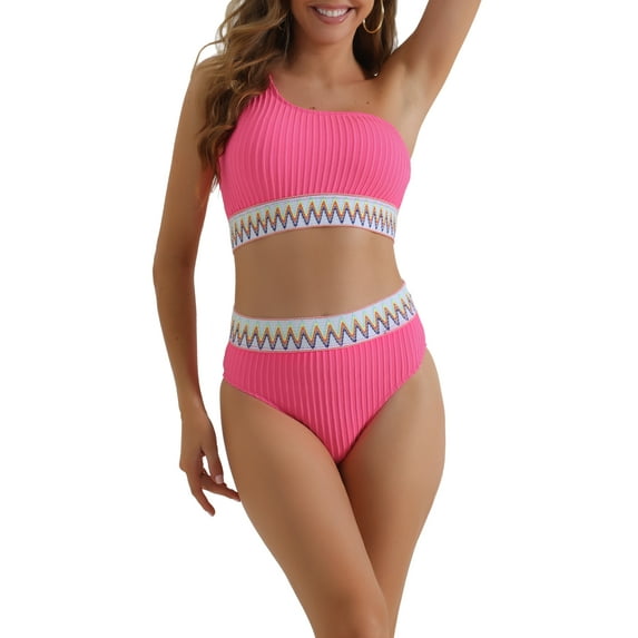 INSPIRE CHIC Women's Ribbed One Shoulder Bikini Sets, 2 Piece High Waist Color Braided Trim Swimwear Bathing Suits X-Small Roes Red
