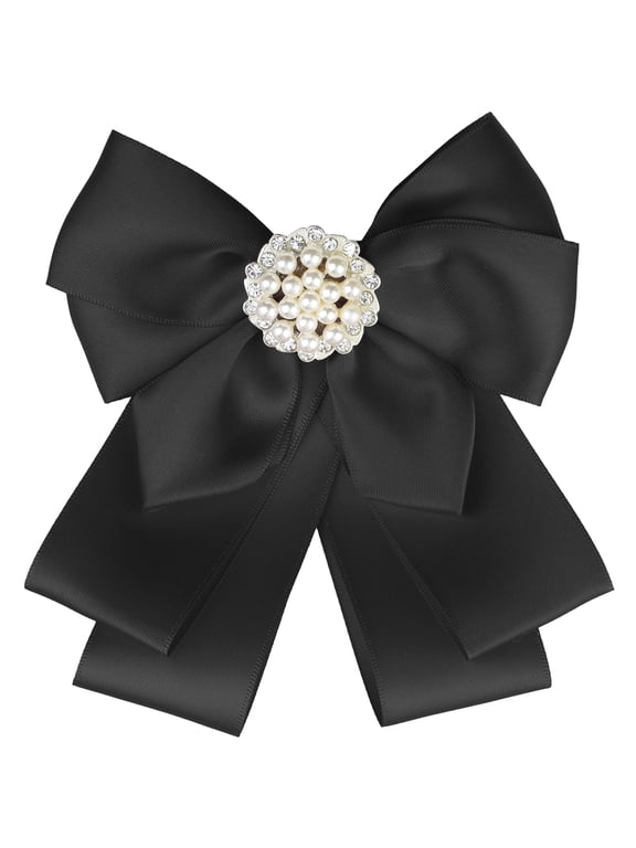 Women's Ribbon Brooch Bowknot Necktie School Uniform Pin Collar Bow Tie with Beads Black