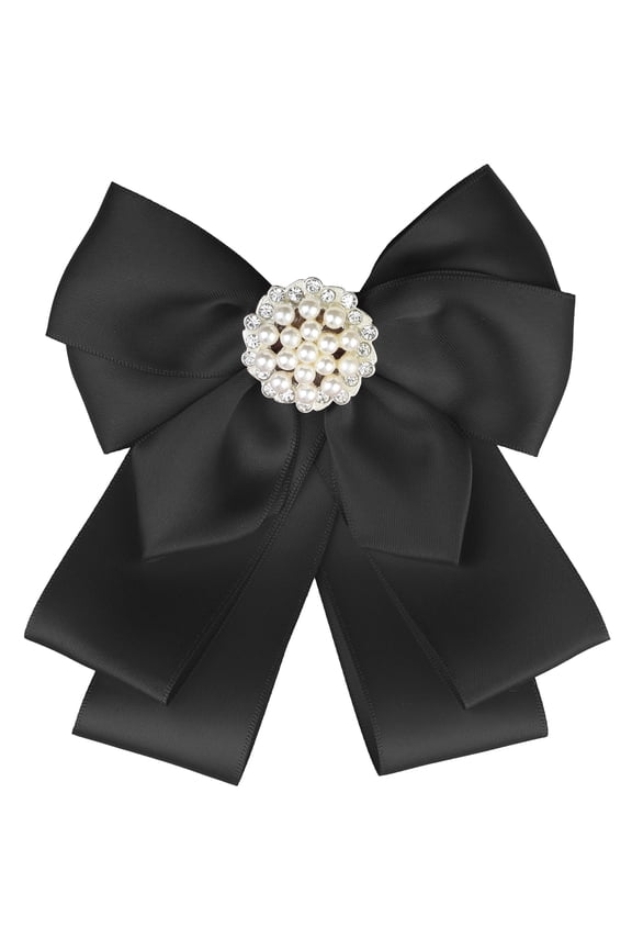 Women's Ribbon Brooch Bowknot Necktie School Uniform Pin Collar Bow Tie with Beads Black