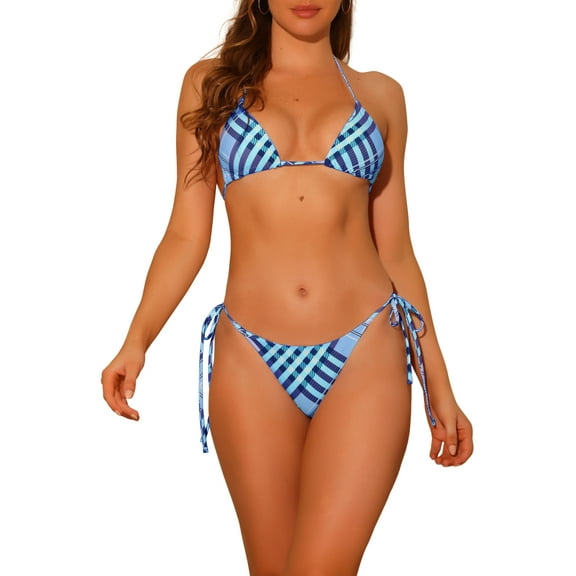 INSPIRE CHIC Women's Triangle Halter Bikini Sets Tie Side, 2 Piece Stripe String Bikini Swimsuits Medium Blue