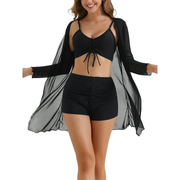 Women's Twist Ruched Bikini Sets, 3 Pieces Adjustable Spaghetti Straps Boyshort Cover Up Dresses Bathing Suit Black Small