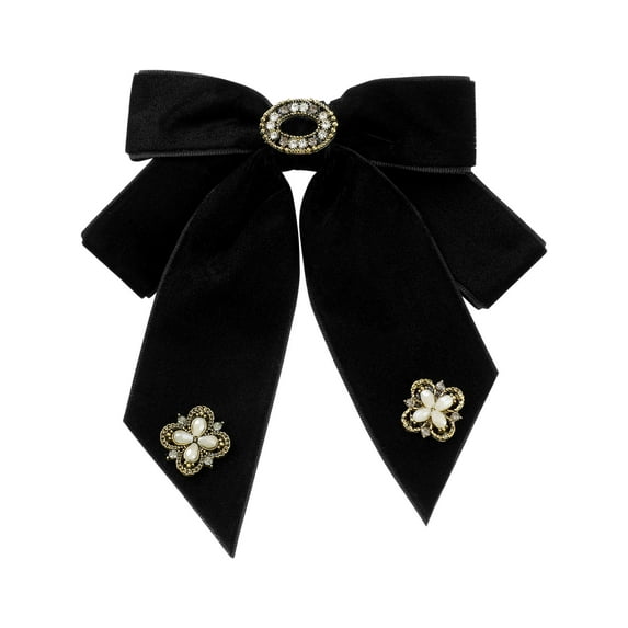 INSPIRE CHIC Women's Velvet Bow Brooch Solid Color with Rhinestone Decor Black