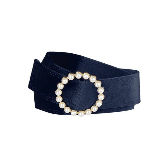 INSPIRE CHIC Women Plus Size Faux Pearl Buckle Waist Belt, Vintage Velvet Wide Cinch Belts Waistband for Dress 25.59-32.28" Navy Blue