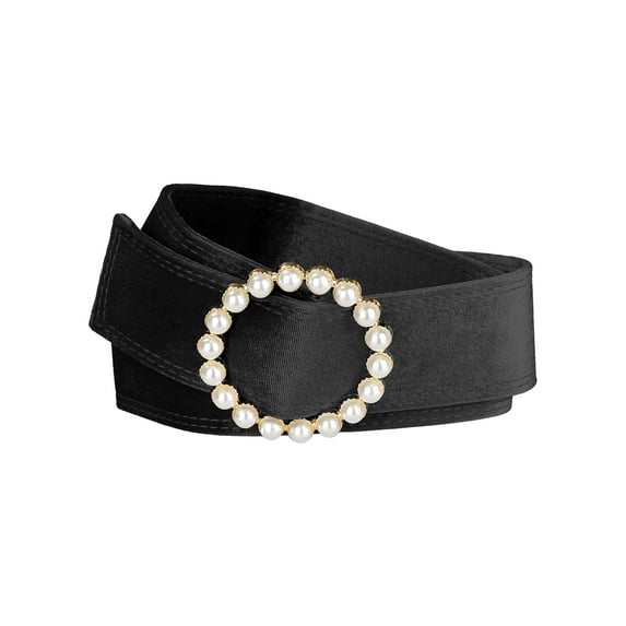 INSPIRE CHIC Women Plus Size Faux Pearl Buckle Waist Belt, Vintage Velvet Wide Cinch Belts Waistband for Dress 25.59-32.28" Black