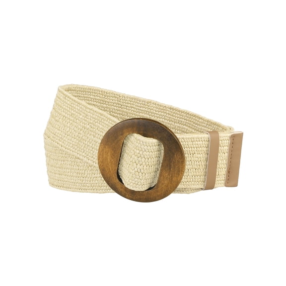 Womens Woven Stretch Belts, Straw Rattan Wooden Buckle Elastic Wide Waistband Waist Belt for Dress Beige 23.62-33.46"