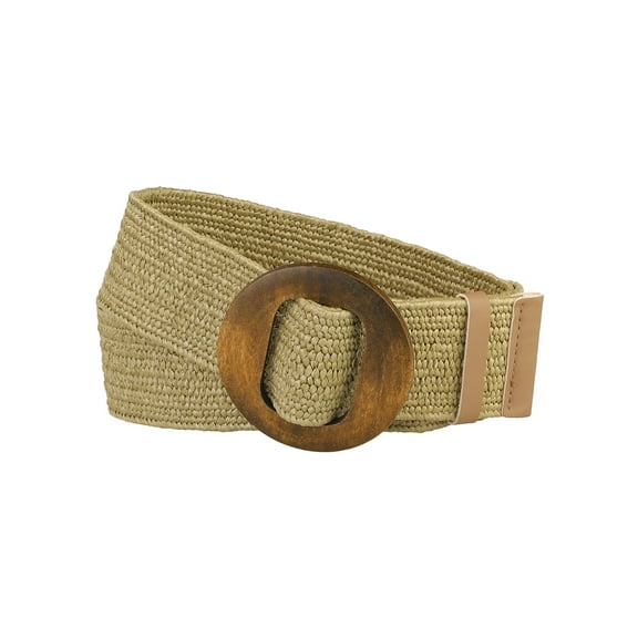 Womens Woven Stretch Belts, Straw Rattan Wooden Buckle Elastic Wide Waistband Waist Belt for Dress Khaki 23.62-33.46"