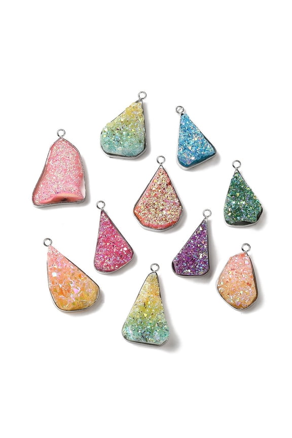 Eletroplated Natural Druzy Agate Pendants Brass Triangle Charms Platinum Mixed Color 27~43x14.5~25x11mm