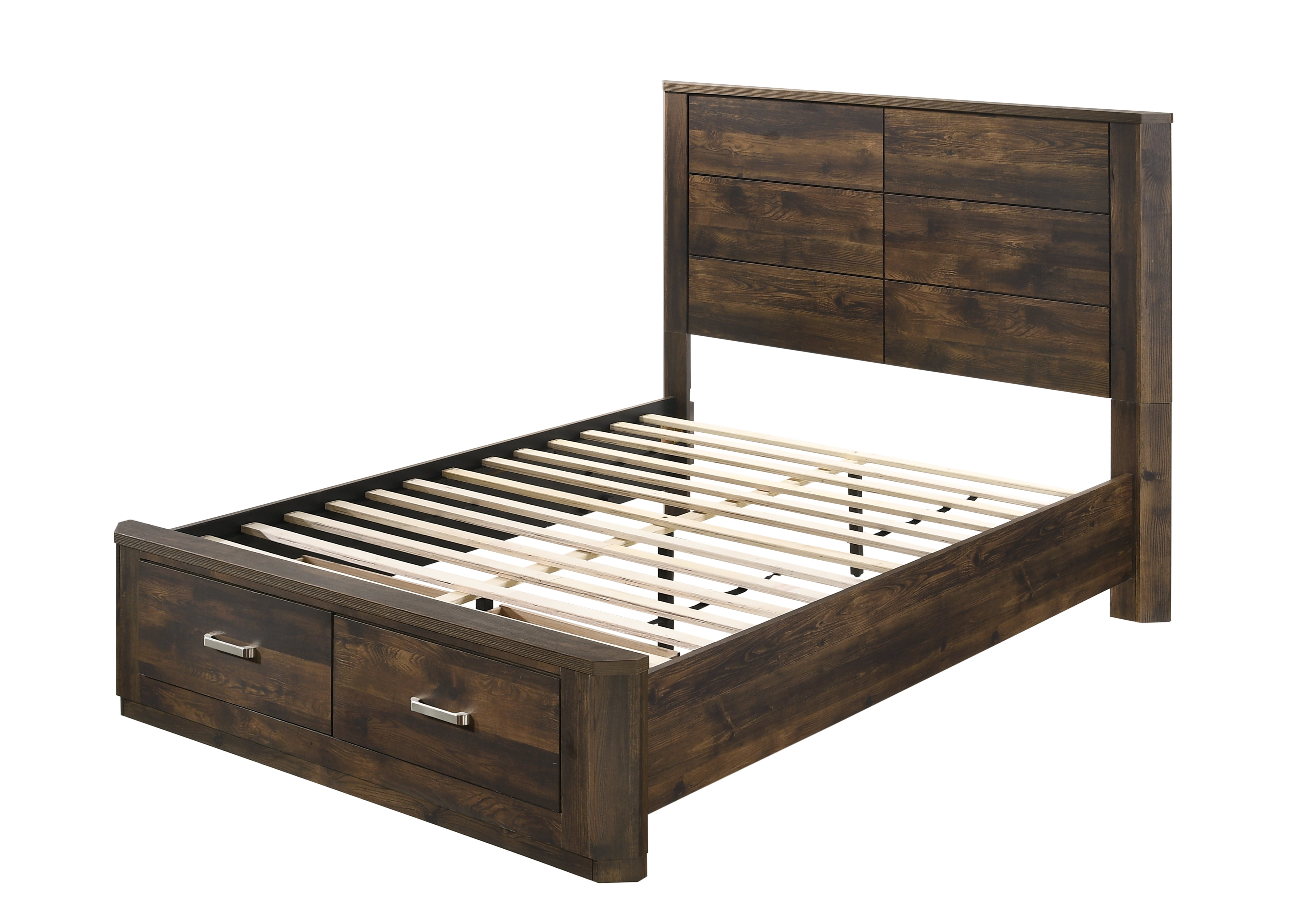 Rustic Walnut Queen Storage Bed with Wood Headboard and Drawers