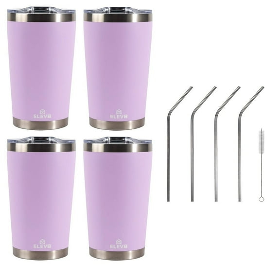 Elev8 American Designed, Double Wall Vacuum Sealed Tumbler with Pressure Fit Lid and Stainless Steel Straw, 4 Pack - 20 oz