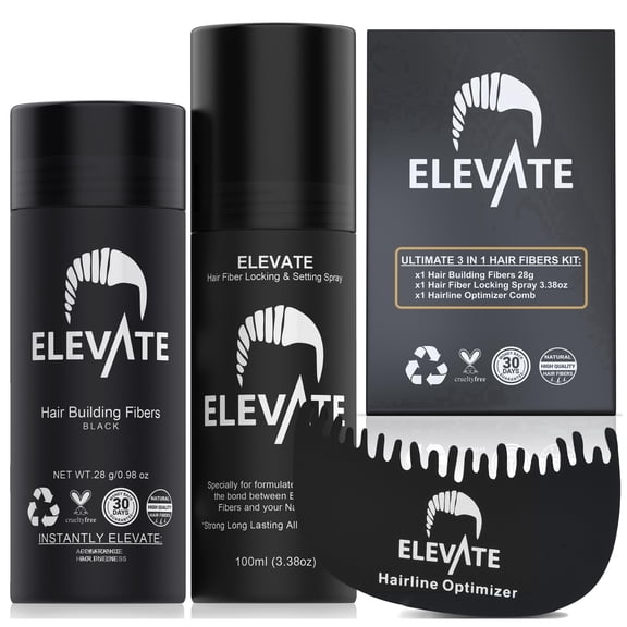 Elevate Black Hair Building Fibers Kit, 28g, with Locking Spray & Hairline Comb