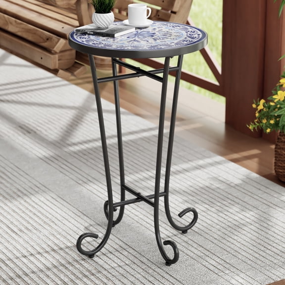 Elevate Outdoor Patio Round Side Table, Ceramic Tile, Iron, Black + Blue