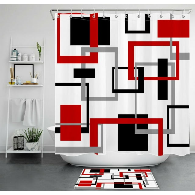 Elevate Your Bathroom Style with a Chic Red, Black, and Gray Geometric