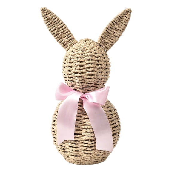 Elevate Your Easter Table with Rattan Effect Resin Bunnies: A Bow-Adorned Farmhouse Centerpiece Set for Home or Gift.