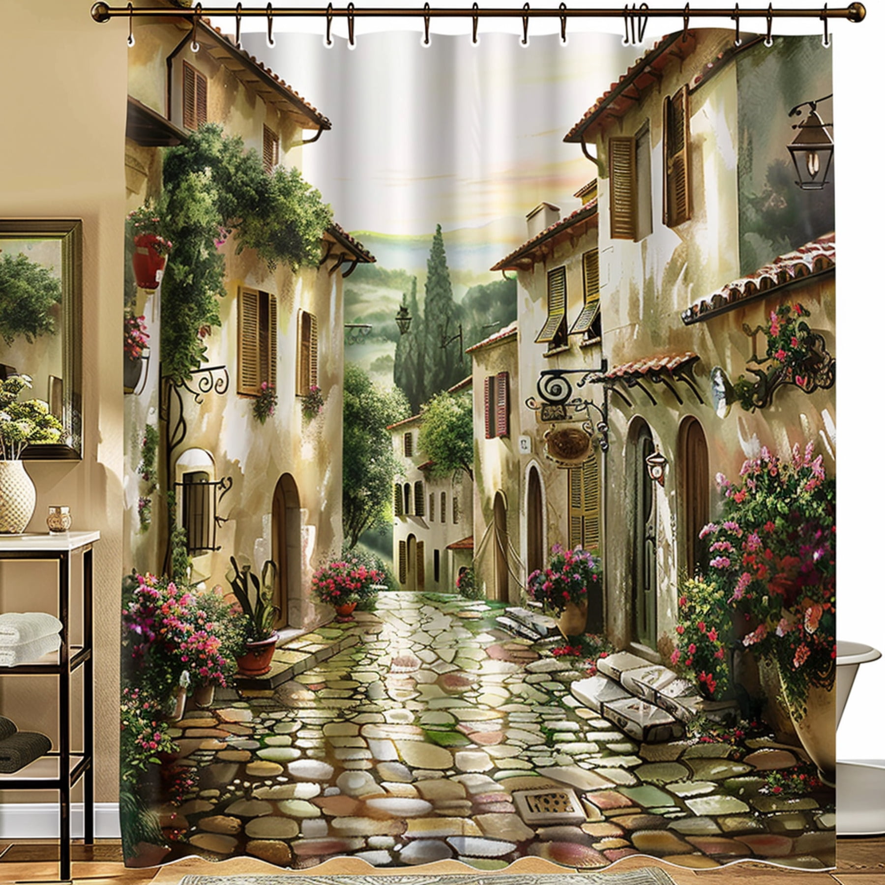 Elevate your bathroom decor with a Tuscany village landscape shower 