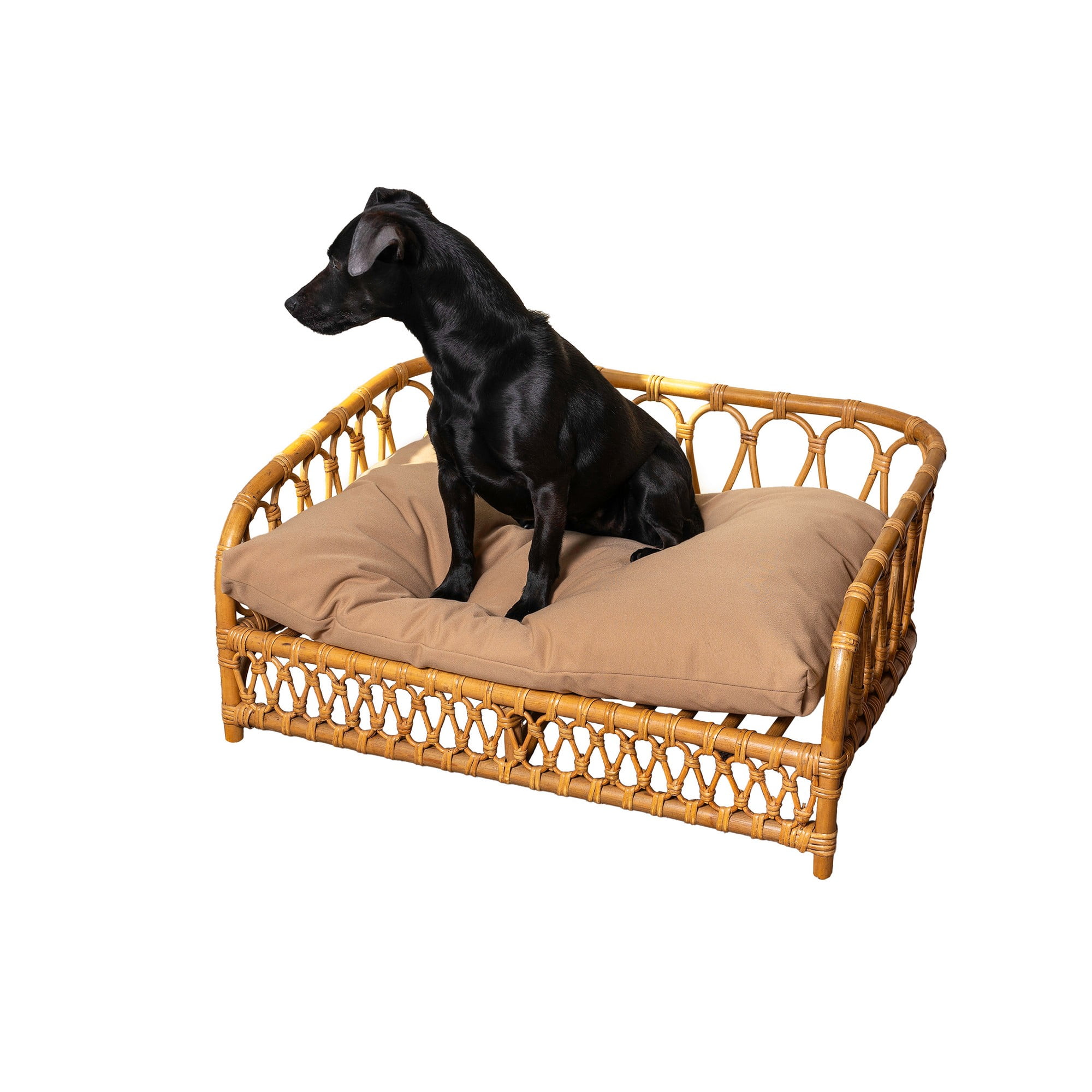 Natural Handwoven Rattan Dog Daybed with Washable Cushion, 27.5" x 17"