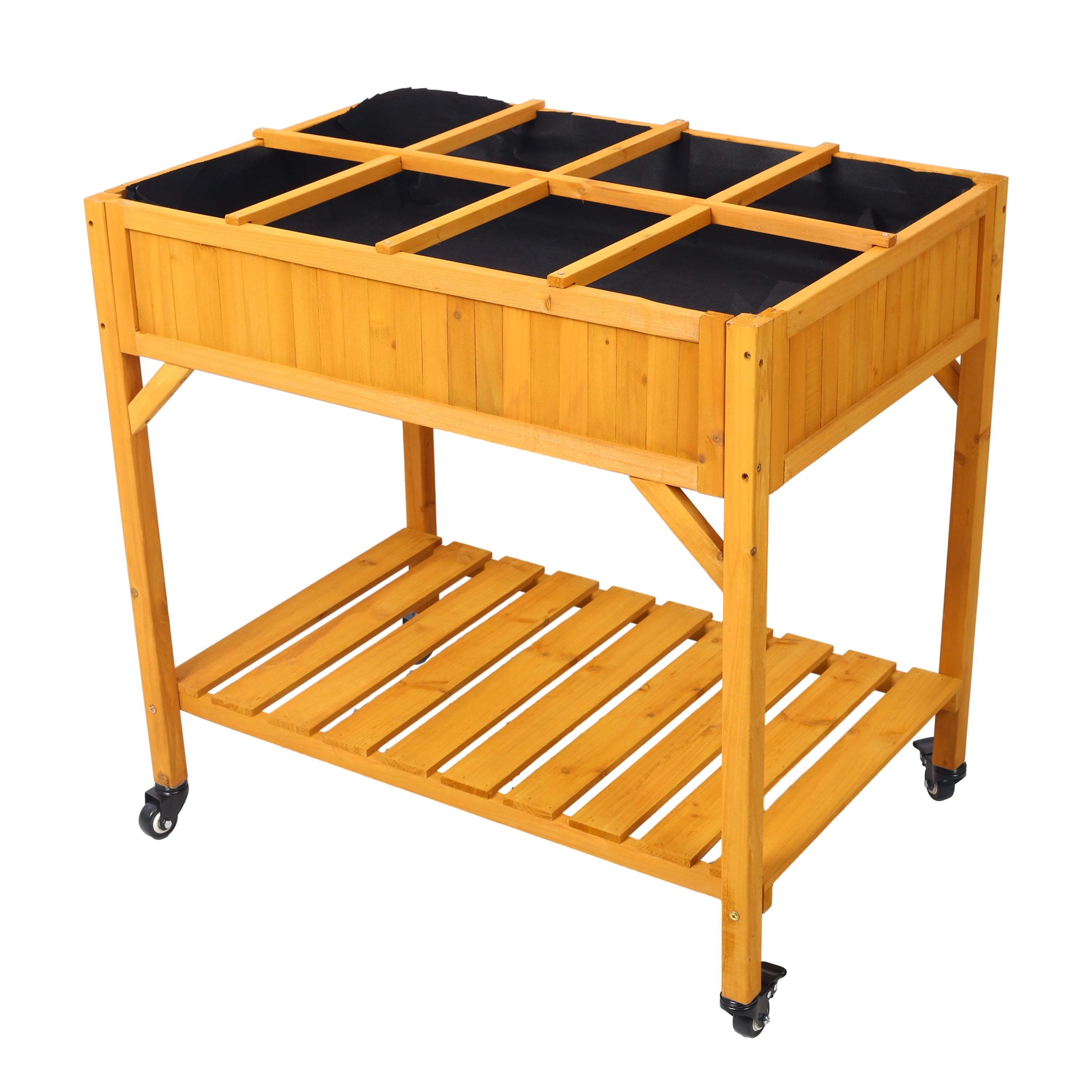 Elevated 8 Pocket Herb Garden Bed Mobile Raised Wooden Planter w/ Lockable Wheels Storage Shelf Fir Wood Material 36" x 24.25" x 34.625"