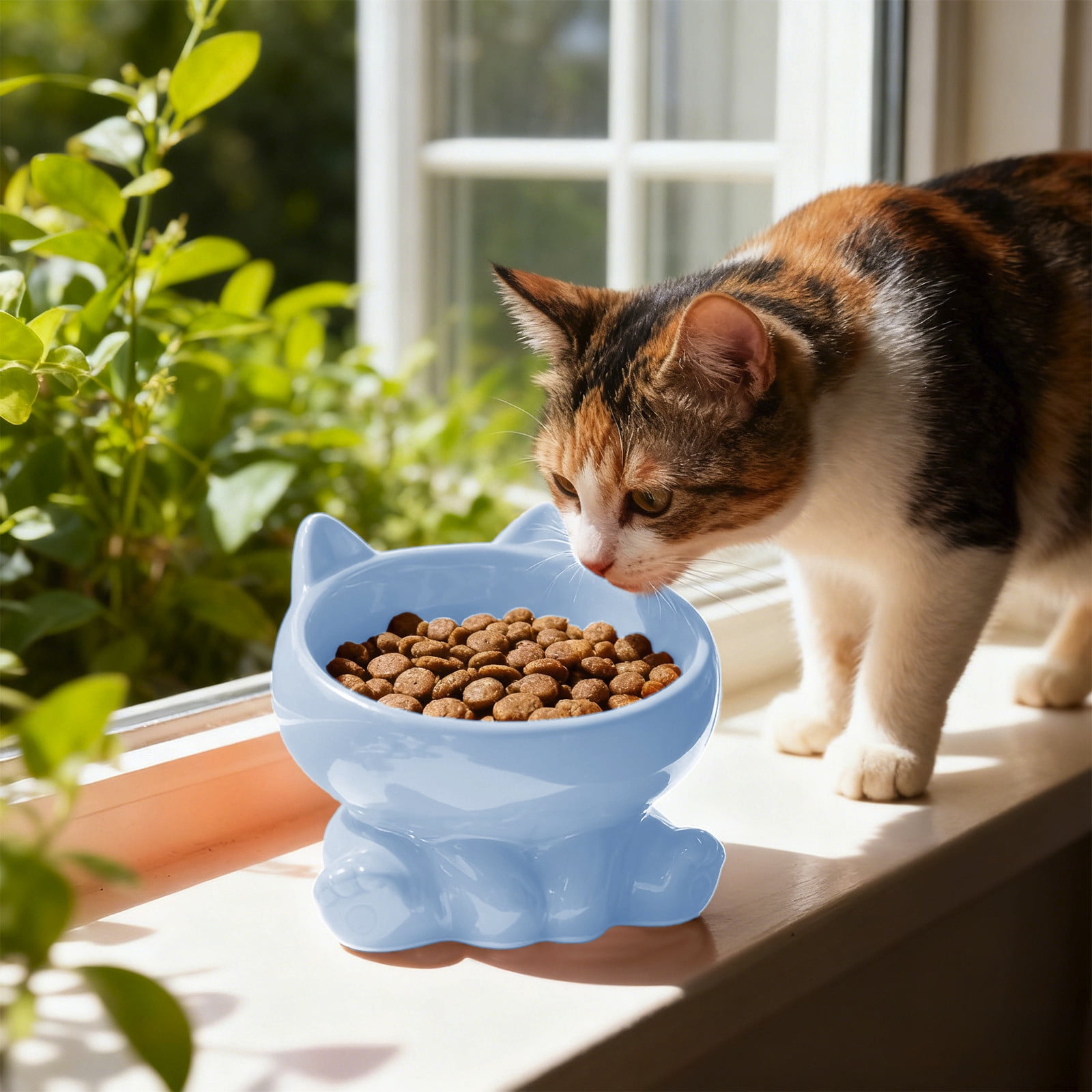 Elevated Blue Ceramic Cat Bowl - Neck-Protecting Whisker-Friendly Large Capacity Non-Tipping Pet Food & Water Bowl for Cats (1pc, 5.12x4.33in)