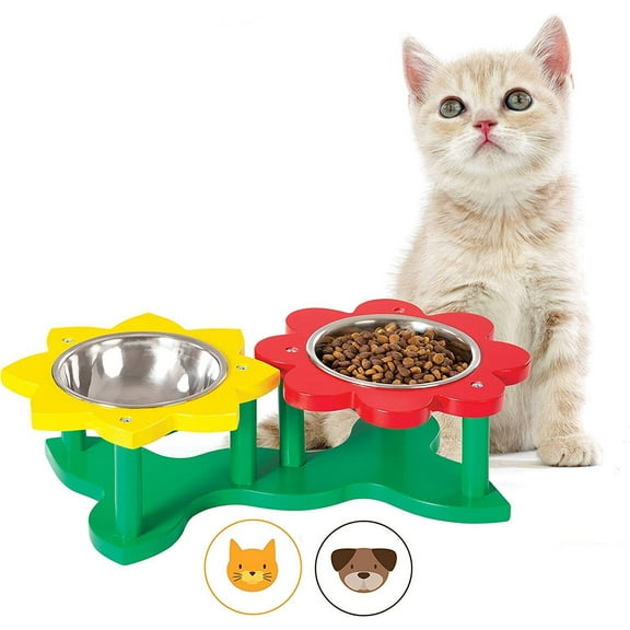 Elevated Bowl Pet Feeder Set - Raised Bowls for Cats & Puppies with Cute Flower Design & Vibrant Colors - 2 x 7 Oz Durable Stainless Steel Bowls for Food and Water for Small Dogs and Cats