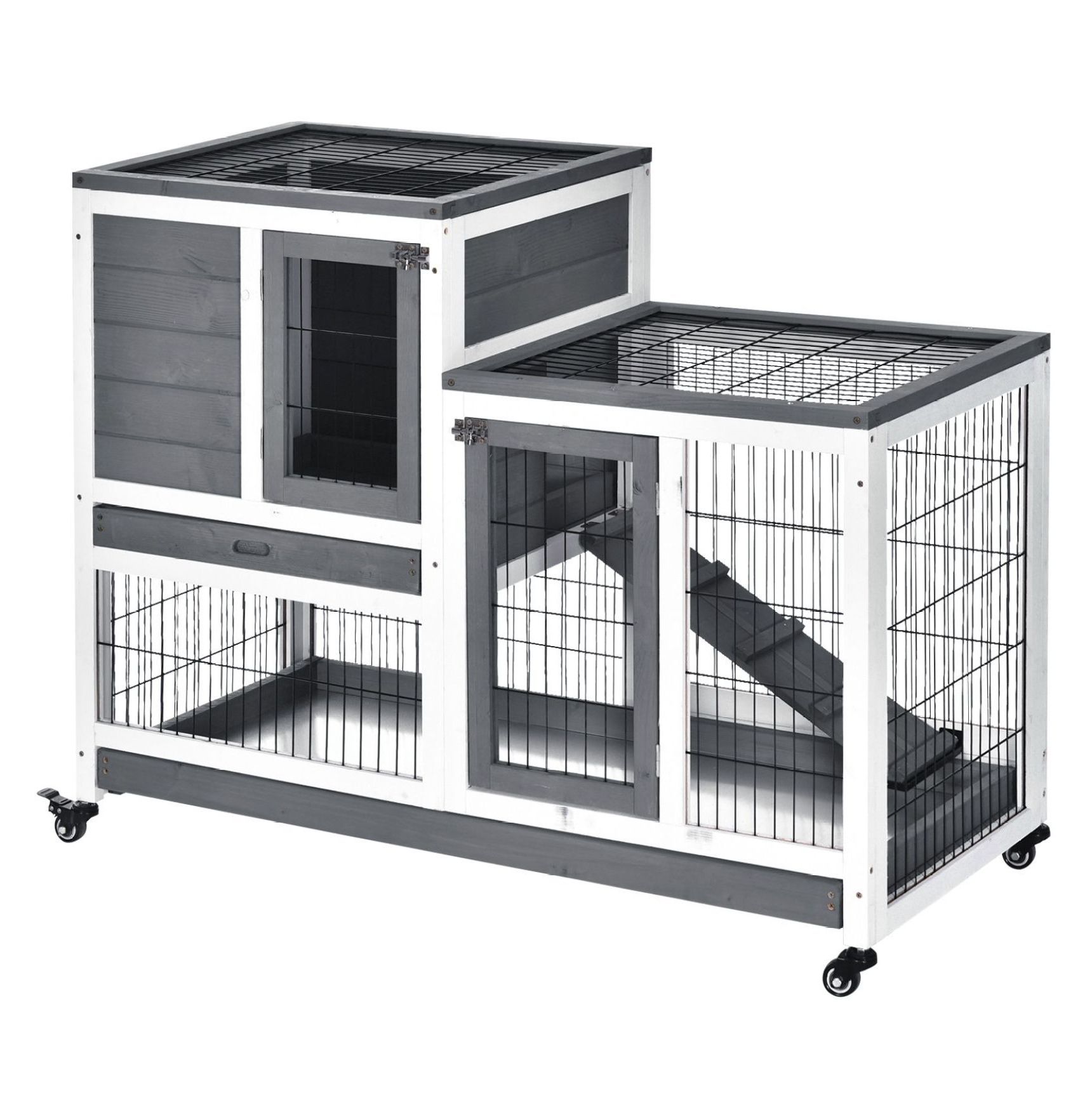 Elevated Bunny Cage Indoor Rabbit Hutch with Wheels Ramp Removable Tray for Guinea Pigs Gray