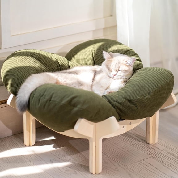 Elevated Cat Bed Wooden with Cushion Fluffy Pet Couch Sofa for Indoor Cats Raised Kitty Lounge Chair Suitable for Puppy, Cat Furniture(Green)