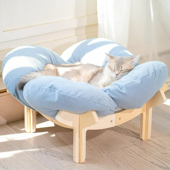 Elevated Cat Bed Wooden with Cushion Fluffy Pet Couch Sofa for Indoor Cats Raised Kitty Lounge Chair Suitable for Puppy, Cat Furniture(Light Blue)