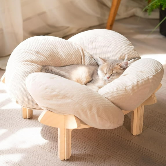 Elevated Cat Bed Wooden with Cushion Fluffy Pet Couch Sofa for Indoor Cats Raised Kitty Lounge Chair Suitable for Puppy, Cat Furniture(White)
