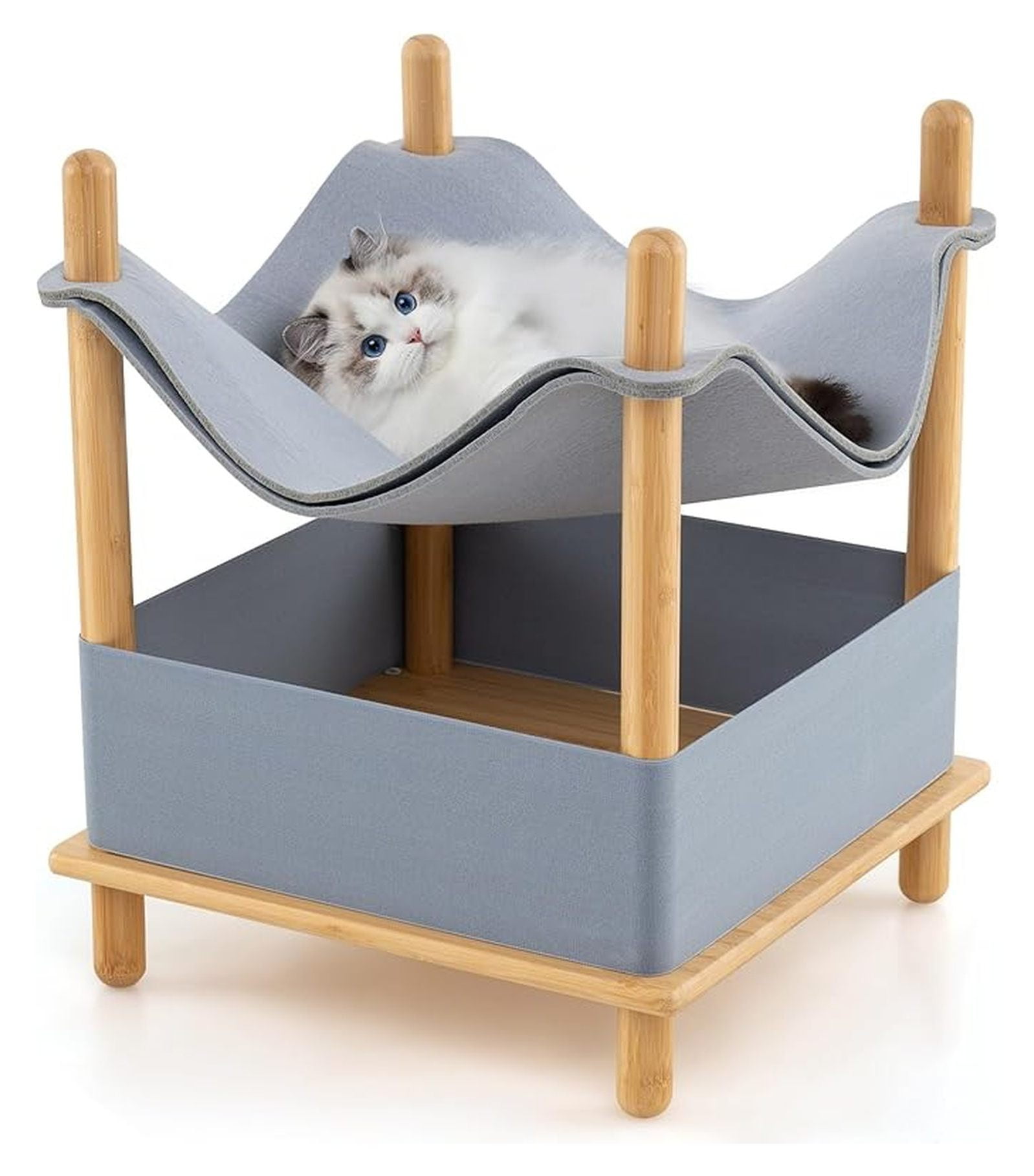 Elevated Cat Bed for Indoor Cats, 2-Tier Cat Cave with Felt Hammock, Bamboo Frame, Storage Shelf - Small Condo for Kittens & Adult Cats