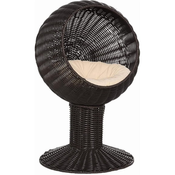 Elevated Cat Bed with Rotatable Egg Chair Pod, Cat Basket Bed with Thick Cushion, Natural Mat Grass Woven Kitty House, Coffee