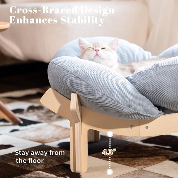 Elevated Cat Bed with Wooden Base and Cushion - Light Blue
