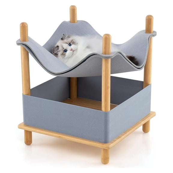 Elevated Cat Beds for Indoor Cats, 2-Tier Cute Small Cat Cave with Dual-Layer Felt Fabric Top, Condo, Hammock, Storage Shelf, Natural Bamboo Framed
