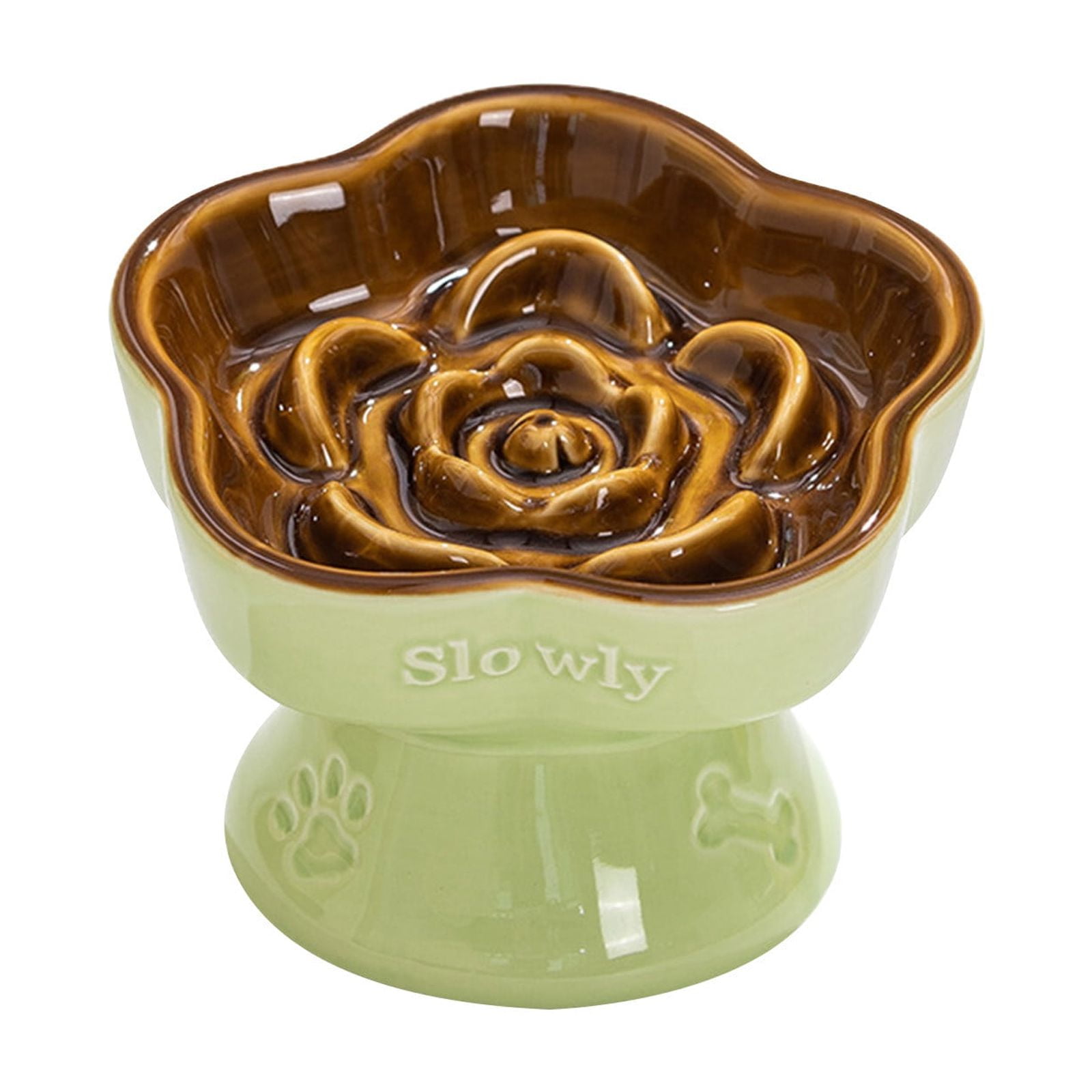 Elevated Cat Bowl,5.8" Ceramic Slow Feeder Cat Bowls, Cute Flowers Designs, Reduces Swallowing and Overeating, Shallow Wide Dishes for Dry/Wet Foods