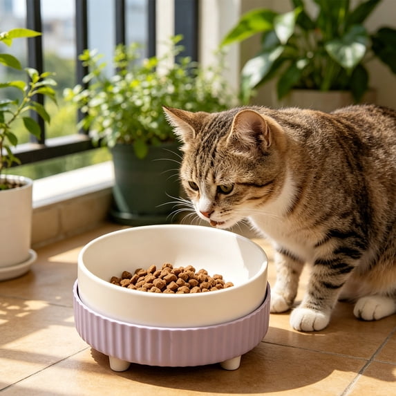 Elevated Cat Bowl, Ceramic Raised Cat Bowl with Wide Shallow Design for Whisker Fatigue Relief, Large Capacity for Food and Water
