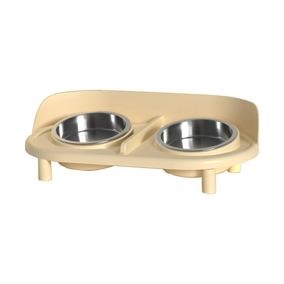 Elevated Cat Bowl, Raised Cat Food and Water Bowl Set for Indoor Cats, Splash Proof with 2 Stainless Steel Pet Food Bowls for Cats and Puppies, Whisker Fatigue and Dishwasher Safe - Beige