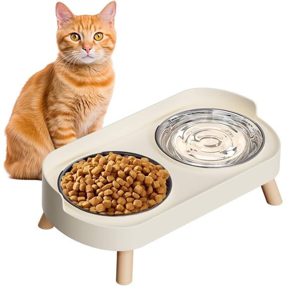 Elevated Cat Bowl, Splash Proof with 2 Stainless Steel Pet Food Bowls for Cats and Puppies, White