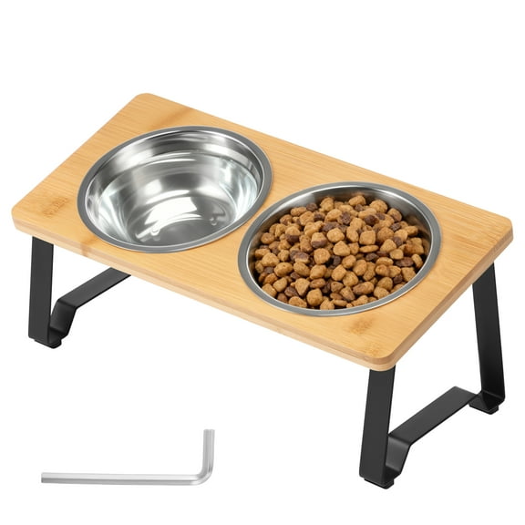Elevated Cat Bowl Stand Anti Slip Bamboo Wood Cat Food Bowl Stand with 2 Stainless Steel Dish for Kitten Puppy Pet Lover