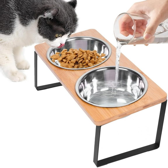 Elevated Cat Bowls, Raised Cat Bowl with 32 oz Stainless Steel Food Bowls Non-Slip Feeder for Cats and Puppy, 15° Tilted Raised Pet Dishes, Indoor Cat Food Bowl with Bamboo Stand Anti Vomiting
