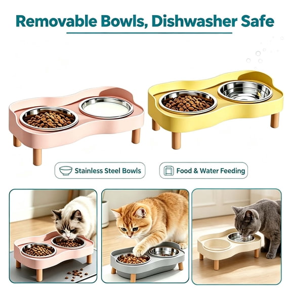 Elevated Cat Bowls, Raised Cat Food and Water Bowl Set, Splash Proof with 2 Stainless Steel Pet Food Bowls for Cats and Puppies, Whisker Fatigue and Dishwasher Safe _ Pink