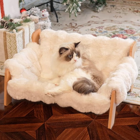DERCLIVE Elevated Cat Couch Bed for Indoor, Cat Bed Solid Wood Cat Sofa with Removable Washable Fluffy Cover, Pet Couch Sofa for Cats Raised Kitty Lounge Chair Suitable for Puppy