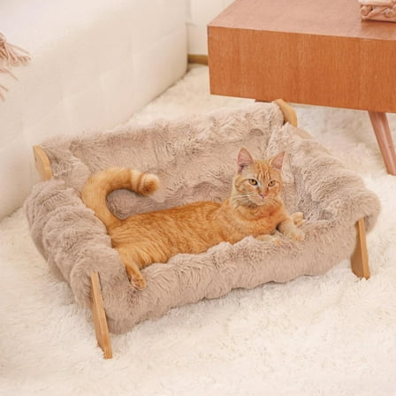 Elevated Cat Couch Bed for Indoor Cats, Wooden Cat Sofa with Removable Washable Fluffy Cover Raised Kitty Lounge Chair Suitable for Puppy(Cat Sofa Khaki)