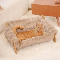 Elevated Cat Couch Bed for Indoor Cats, Wooden Cat Sofa with Removable Washable Fluffy Cover Raised Kitty Lounge Chair Suitable for Puppy(Cat Sofa Khaki)