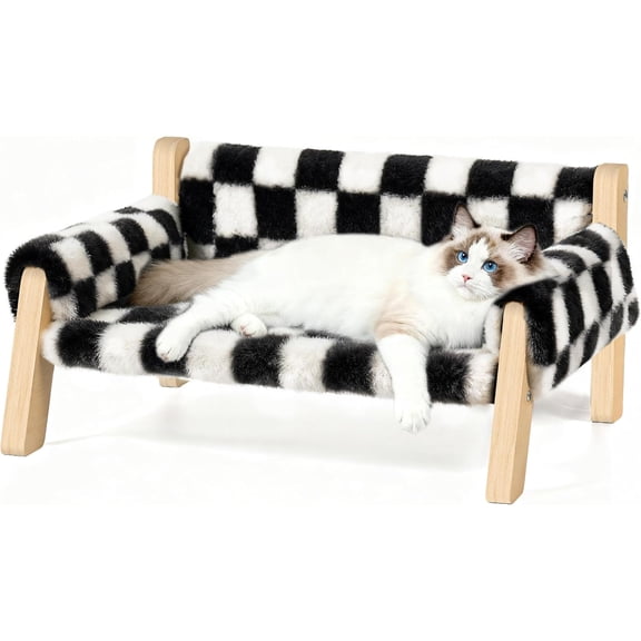 Elevated Cat Couch Bed for Indoor Cats - Wooden Pet Sofa with Removable Washable Thick Cover Raised Kitty Lounge Chair Suitable for Puppy or Small Animals(Cat Sofa Chessboard)