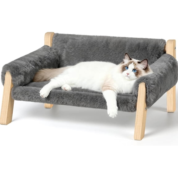 Elevated Cat Couch Bed for Indoor Cats - Wooden Pet Sofa with Removable Washable Thick Cover Raised Kitty Lounge Chair Suitable for Puppy or Small Animals(Cat Sofa Light-Grey)
