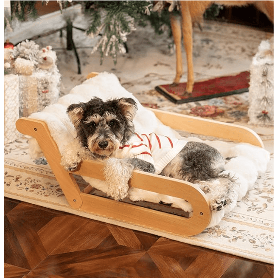 Elevated Cat Couch Bed for Indoor, Wooden Cats Sofa with Washable Fluffy Cover Raised Kitty Lounge Chair Suitable for Puppy(Cat Lounge Off-White)