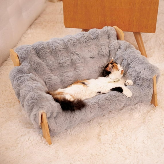 Elevated Cat Couch Bed for Indoor, Wooden Cats Sofa with Washable Fluffy Cover Raised Kitty Lounge Chair Suitable for Puppy(Cat Sofa,Dark Grey-Blue)