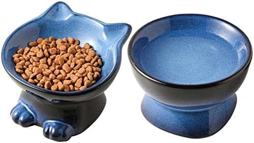 Elevated Cat/Dog Bowls Set : 5 Inch Ceramic Raised Cat Food and Water Bowl Set for Protecting Pet's Spine - Feeding & Watering Supplies for Pets- Elegant Blue & Black (2PC)